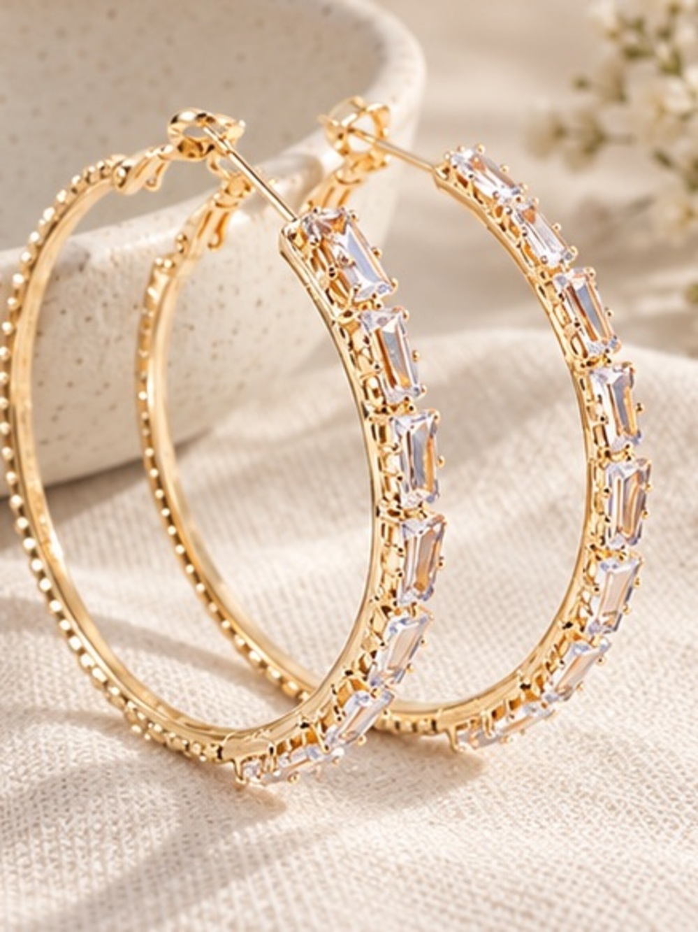 Gold Clear Baguette Crystal Hoop Earrings